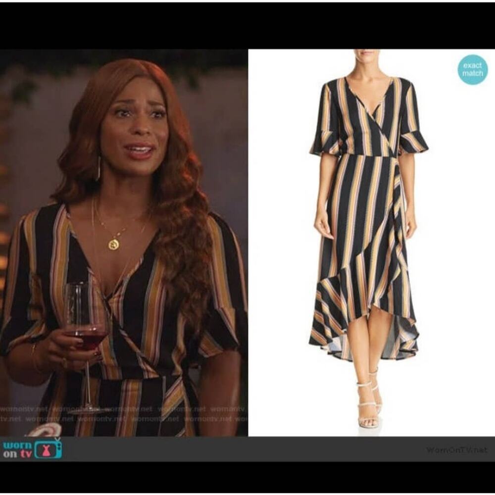 Band of Gypsies BOG Victoria Herringbone Stripe Wrap Dress Black Gold Hi Lo sz M